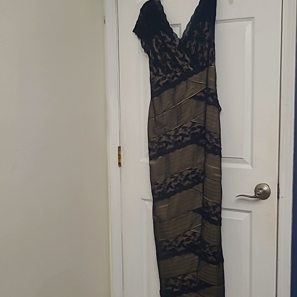 Marina Black and Brown Lace Gown VNeck